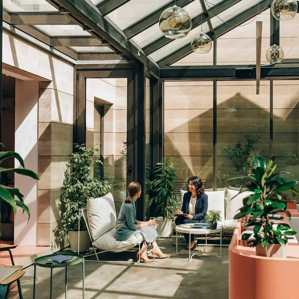 Two women talking in a bright conservatory